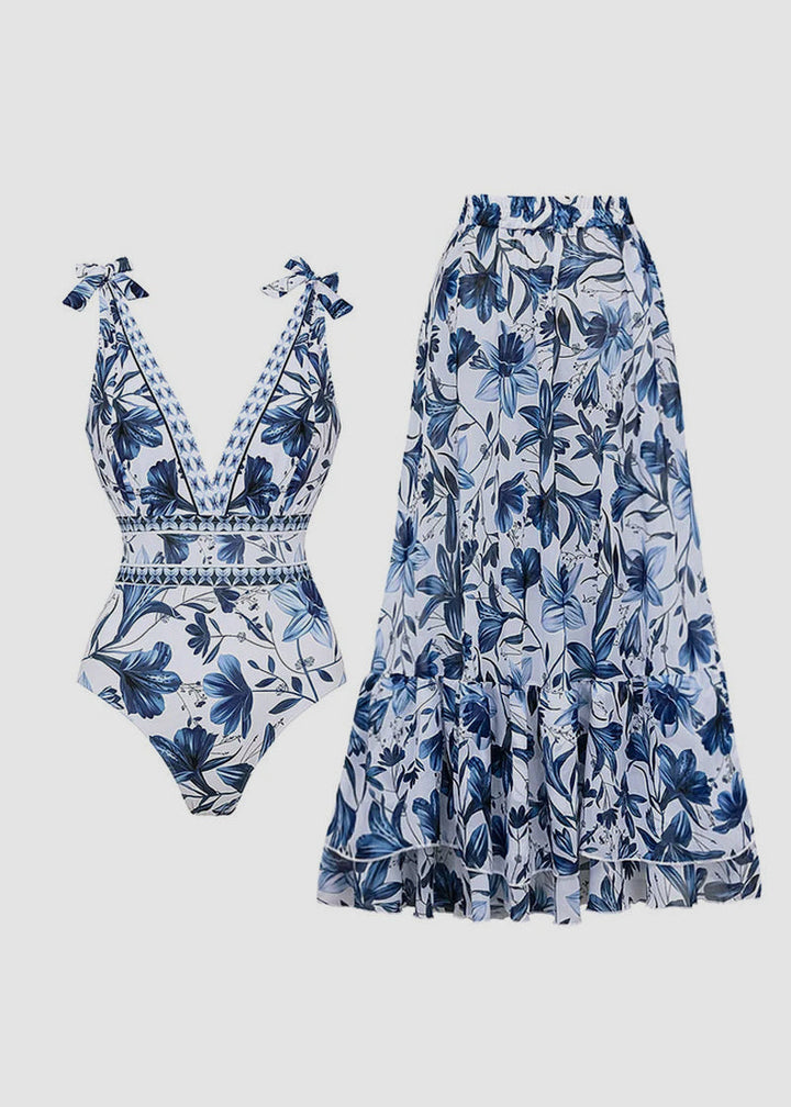 V-Neck Lace-Up Printed One-Piece Swimsuit and Skirt