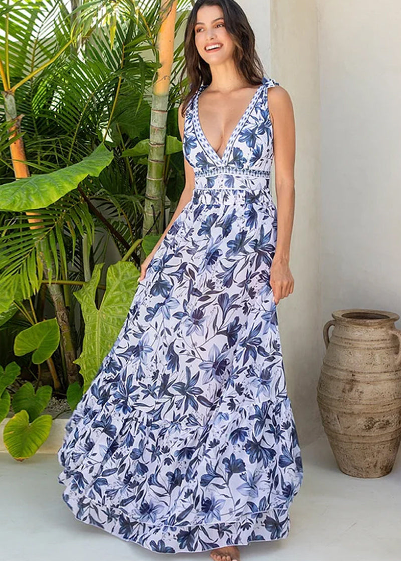 V-Neck Lace-Up Printed One-Piece Swimsuit and Skirt