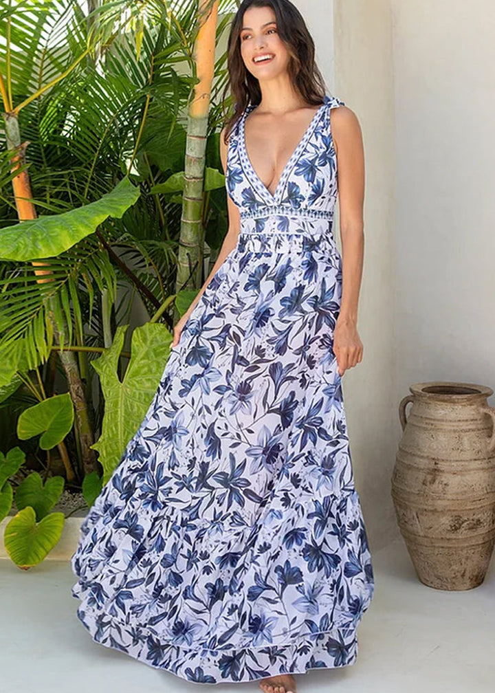 V-Neck Lace-Up Printed One-Piece Swimsuit and Skirt