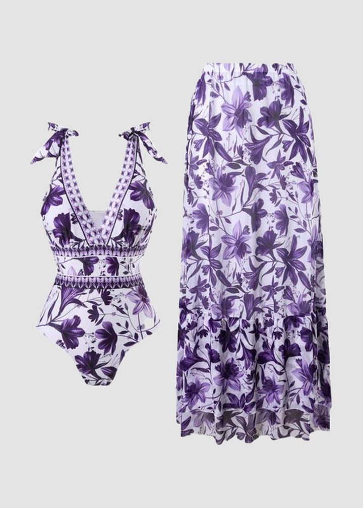 V-Neck Lace-Up Printed One-Piece Swimsuit and Skirt