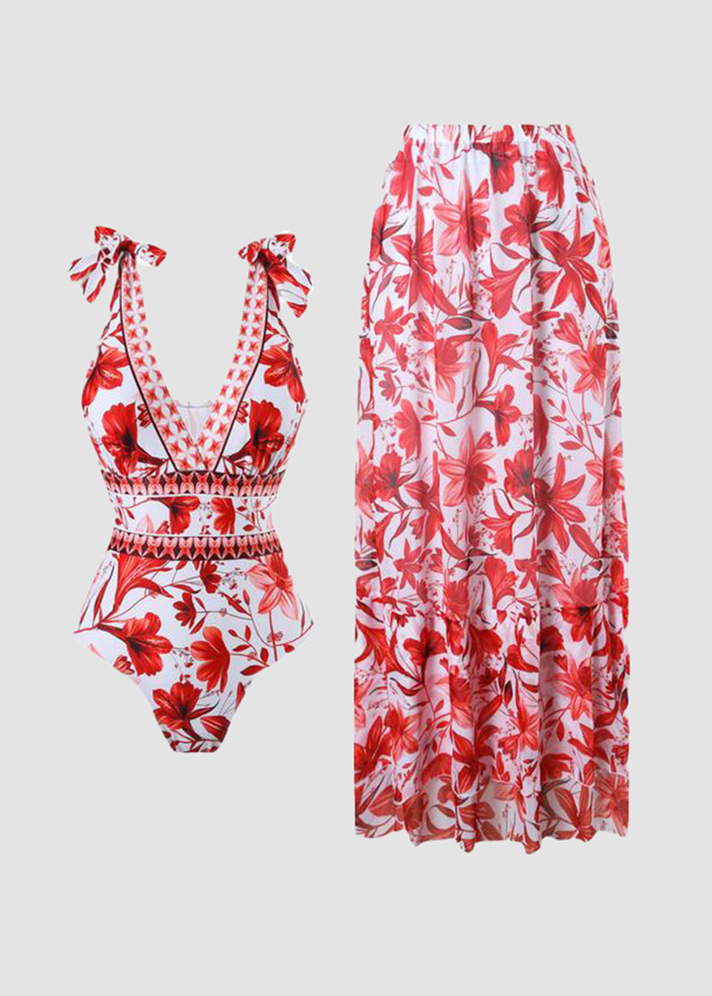 V-Neck Lace-Up Printed One-Piece Swimsuit and Skirt