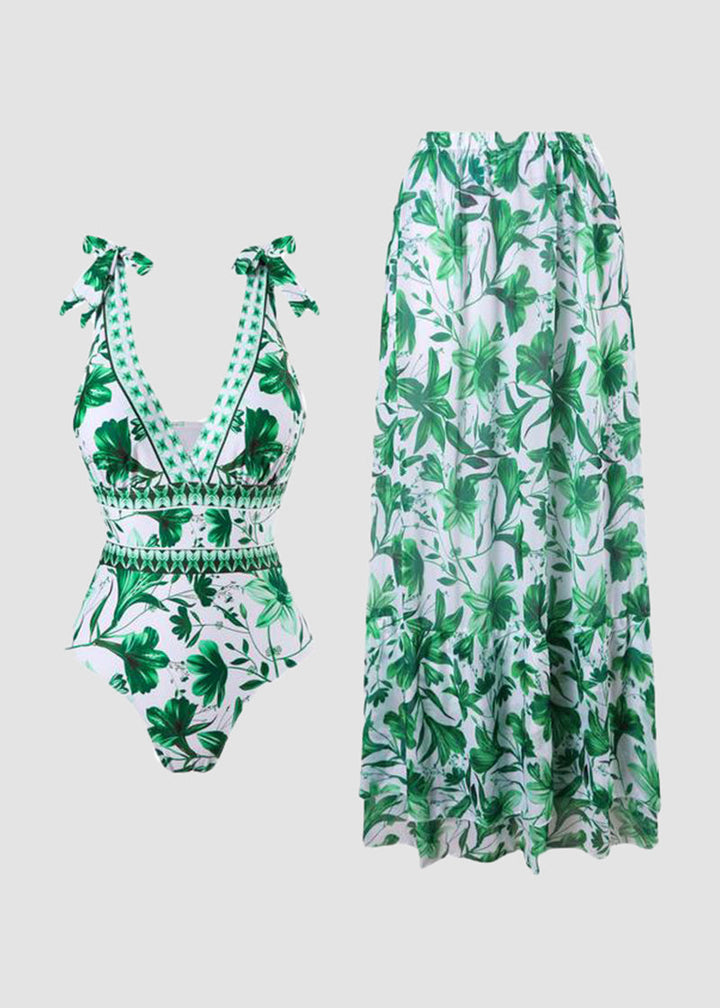 V-Neck Lace-Up Printed One-Piece Swimsuit and Skirt