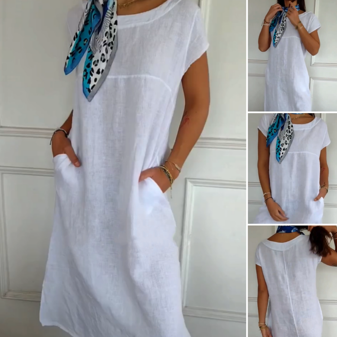 Women's Round Neck Short Sleeve Cotton Linen Dress
