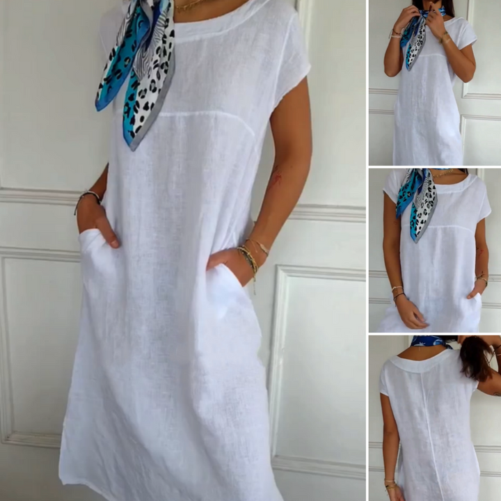Women's Round Neck Short Sleeve Cotton Linen Dress