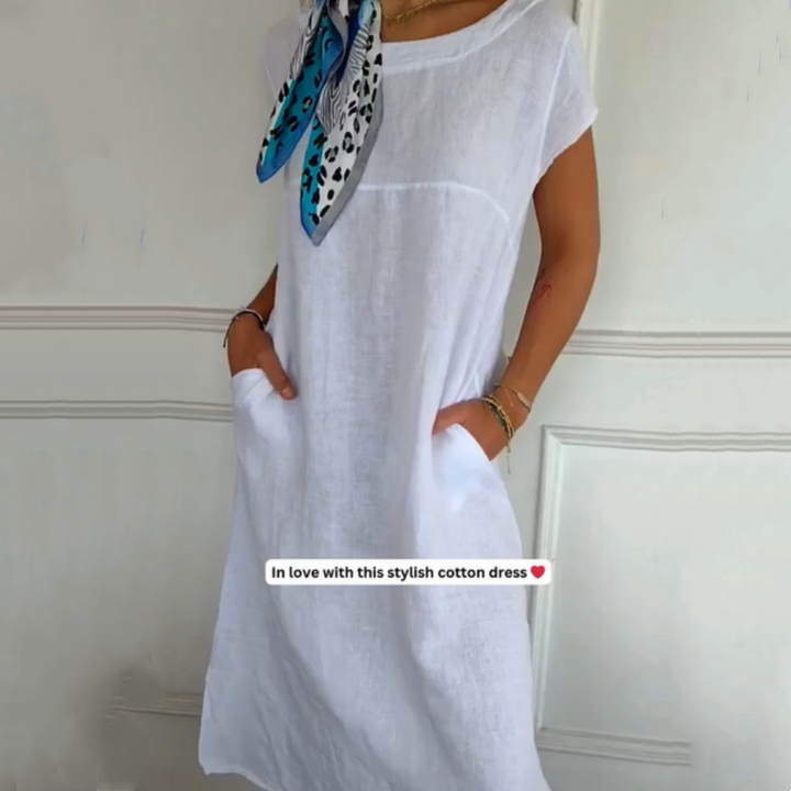 Women's Round Neck Short Sleeve Cotton Linen Dress