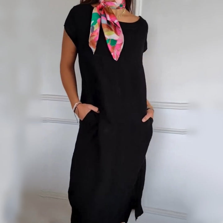 Women's Round Neck Short Sleeve Cotton Linen Dress